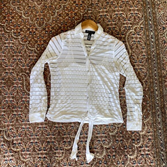 INC Shadow Stripe White Rhinestone Buttons Top w/ Spaghetti Shirt Underneath P/S - Picture 3 of 9